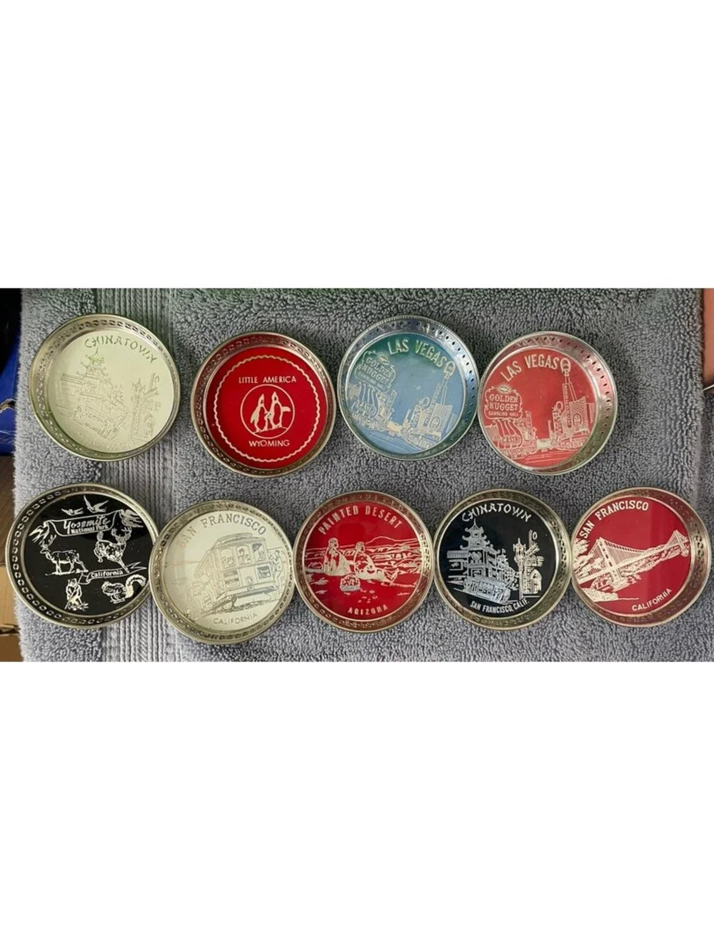 9 Vintage Metal Souvenir COASTERS Landmarks Made in Japan Barware